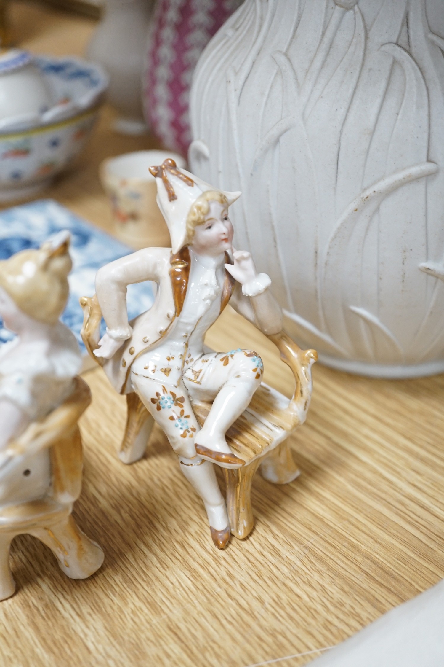 Two late 19th century Meissen waisted vases, 24.5cm one painted with a courting couple and flowers, the other with a floral bouquet together with a Wedgwood ‘June’ tile and other European ceramics